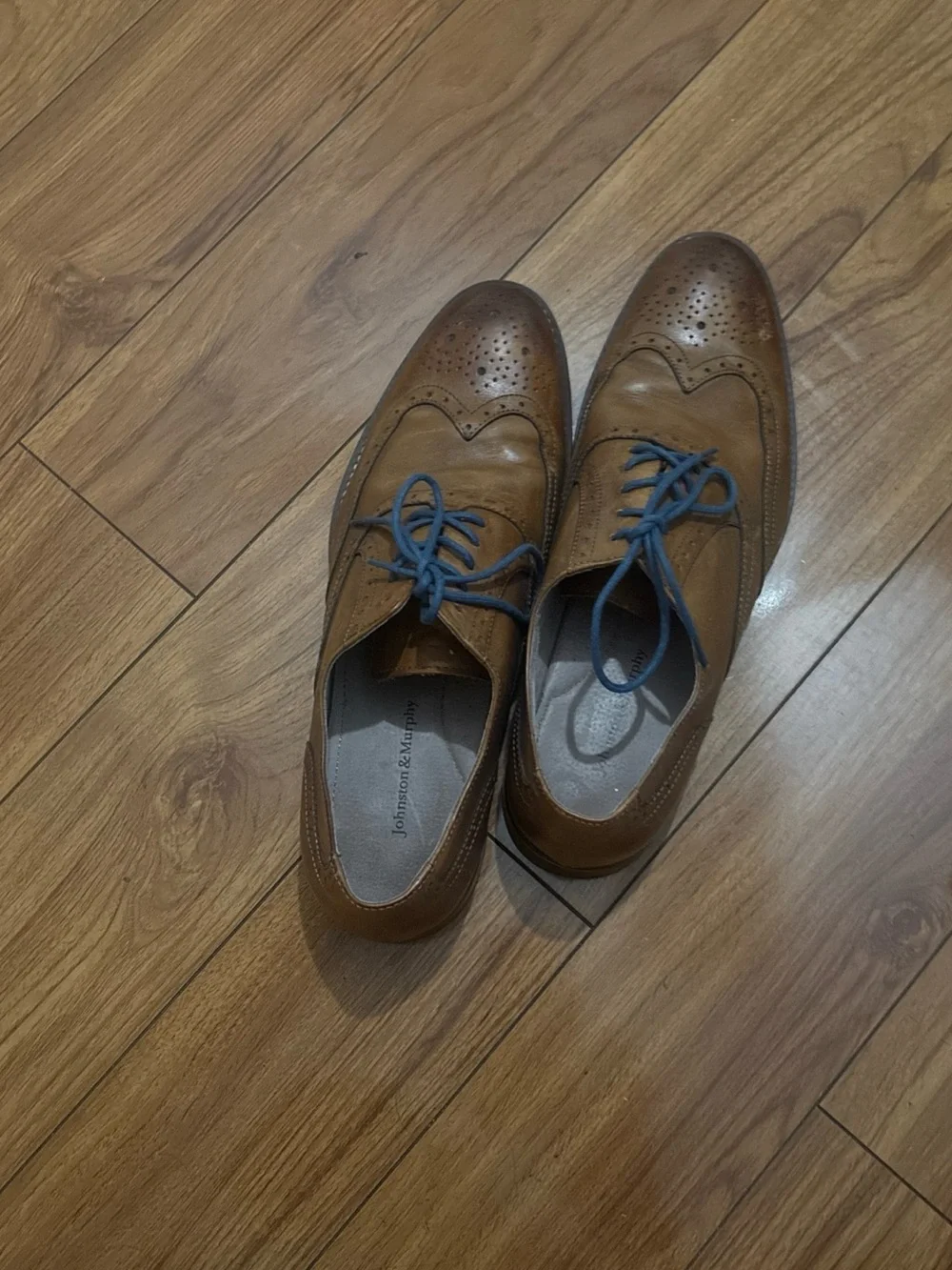 Johnston & Murphy Tan Leather Wingtip Oxfords with Blue Laces